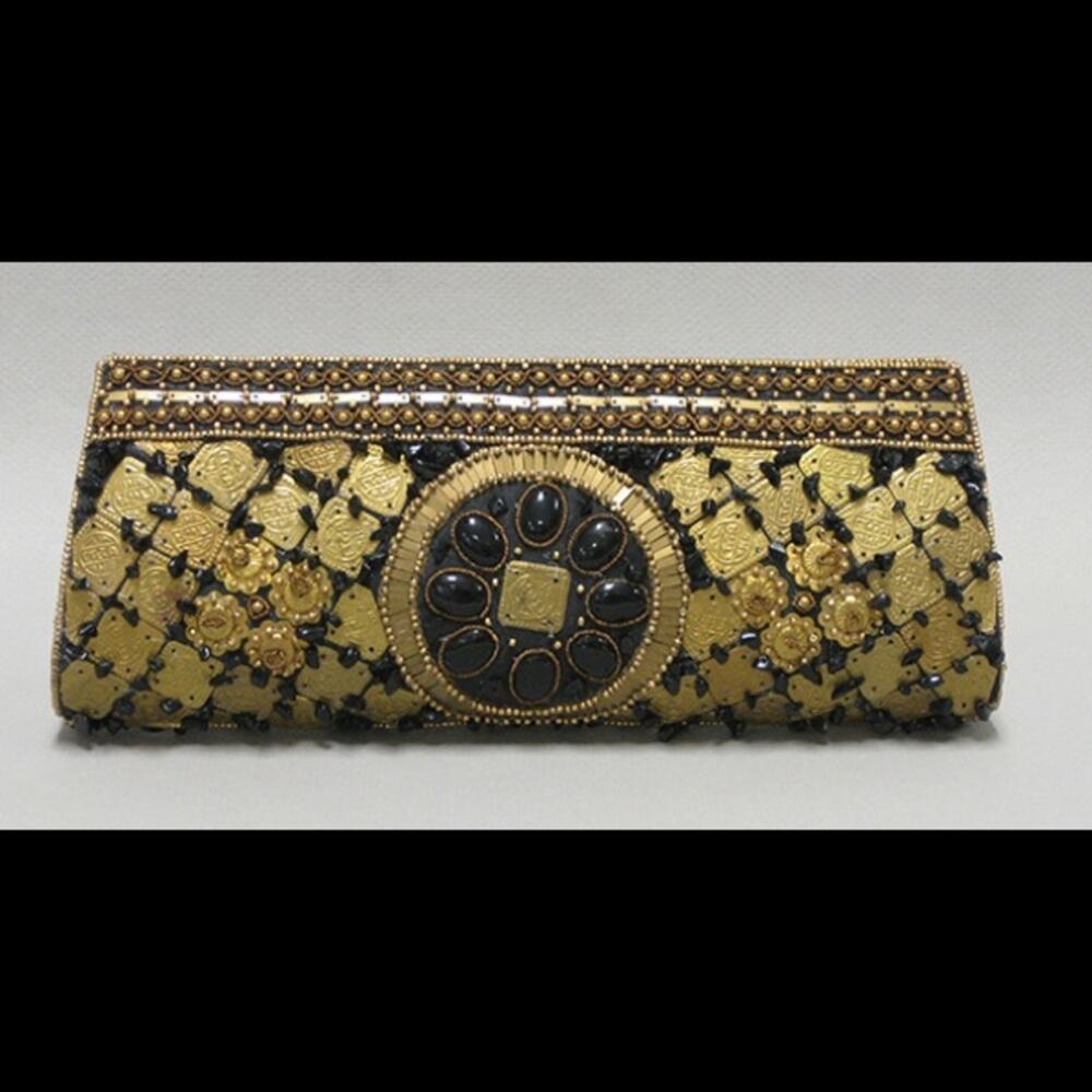 Bougainvillea Black & Gold Gilded Beaded Clutch Purse New With Tags